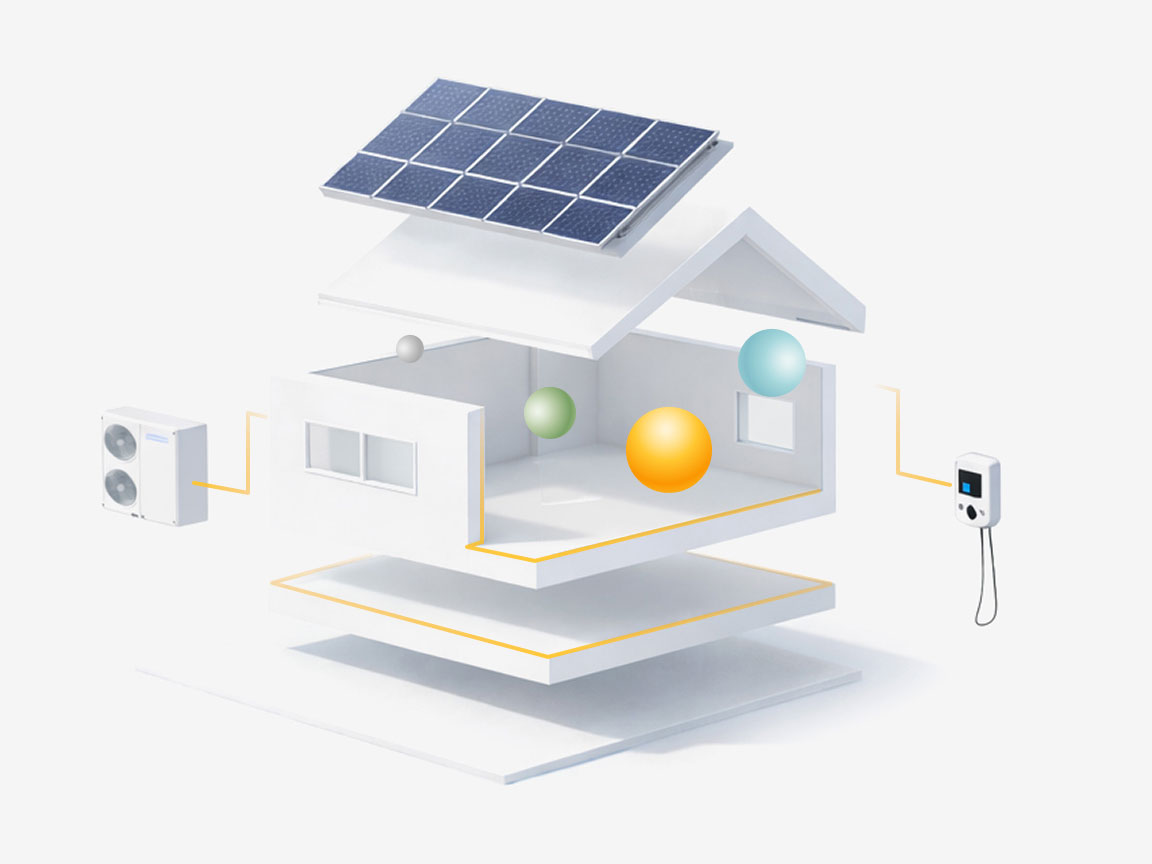 Cutaway illustration of an energy-efficient Canadian home heated by an electric heat pump, with solar panels on the roof