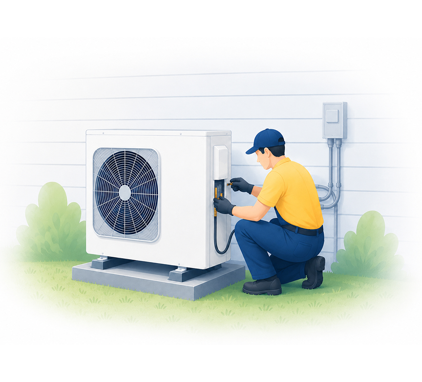 Technician installing an outdoor air-source heat pump beside a snowy Canadian home, eligible for the National Heat Pump Rebate